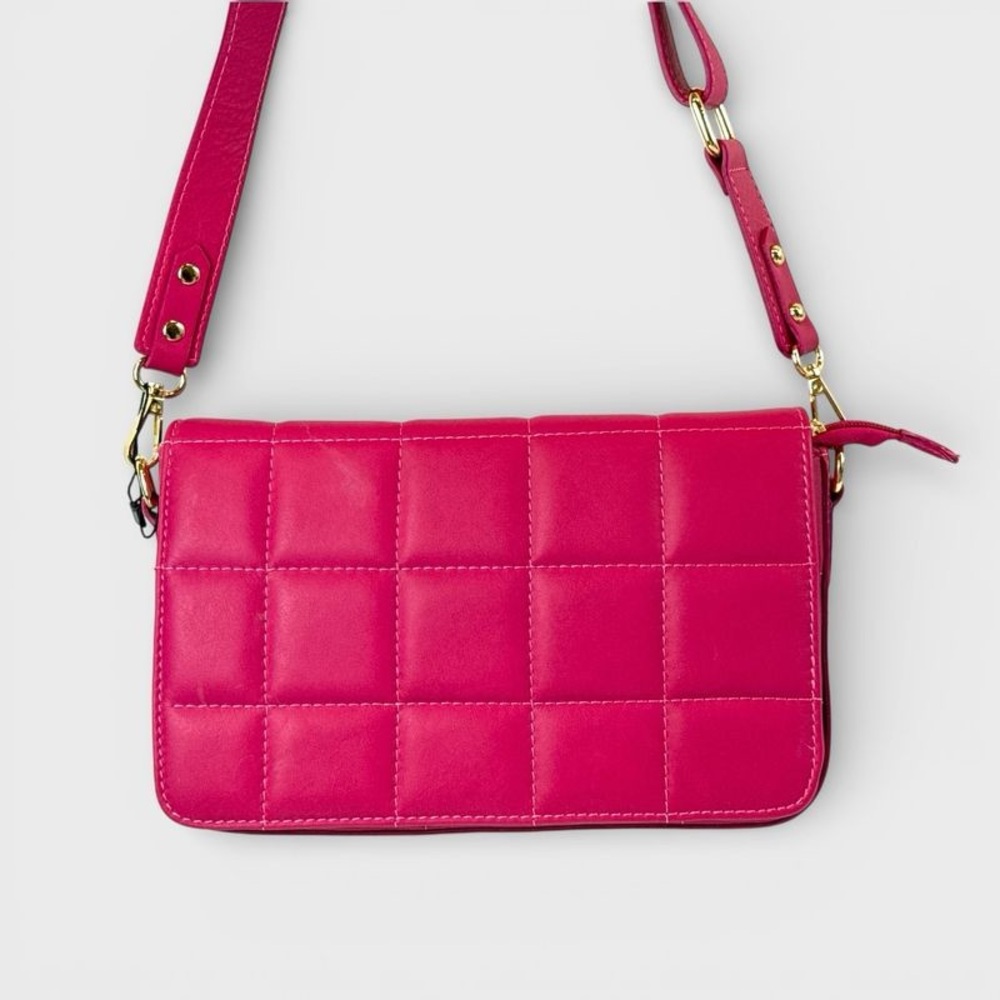 Unica Firenze Hot Pink Quilted Fuchsia Leather Crossbody Bag W/Adjustable Strap